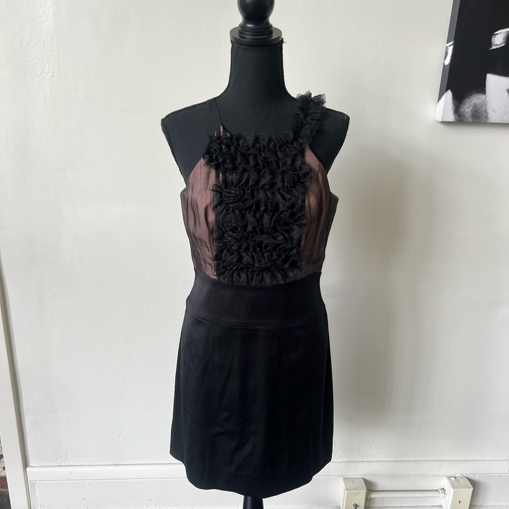BCBG Tuxedo Black Satin Ruffle Mini Dress Size 8